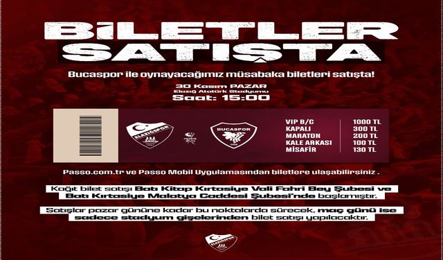 Elazığspor Taraftarları Tribünlere Çağrılıyor: Bucaspor 1928 Maçı Biletleri Satışta