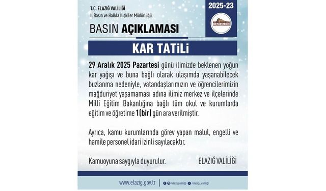 Elazığ'da eğitim-öğretime 1 gün ara verildi