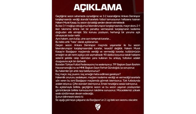 Elazığspor Yönetiminden Hakem Kararlarına İlişkin Açıklama