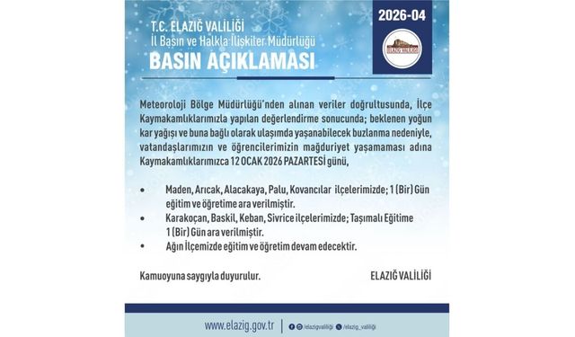 Elazığ'da 5 İlçede Eğitim-Öğretime Ara Verildi