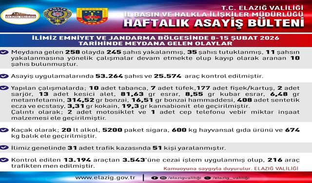Elazığ'da Asayiş Uygulamaları: 258 Olayda 245 Şahıs Yakalandı