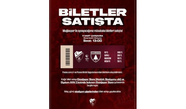 Elazığspor–Muğlaspor Maçının Biletleri Satışa Sunuldu