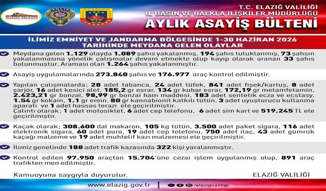 Elazığ'da Haziran Ayında 1.129 Asayiş Olayı Meydana Geldi