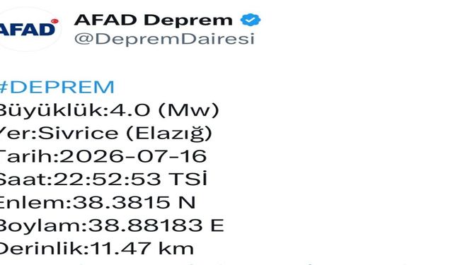 Elazığ'da 4.0 Büyüklüğünde Deprem
