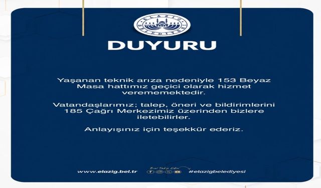 Elazığ Belediyesi’nden 153 Hattı İçin Duyuru