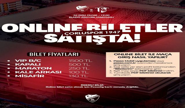 Elazığspor-Çorluspor 1947 Maçının Biletleri Satışta