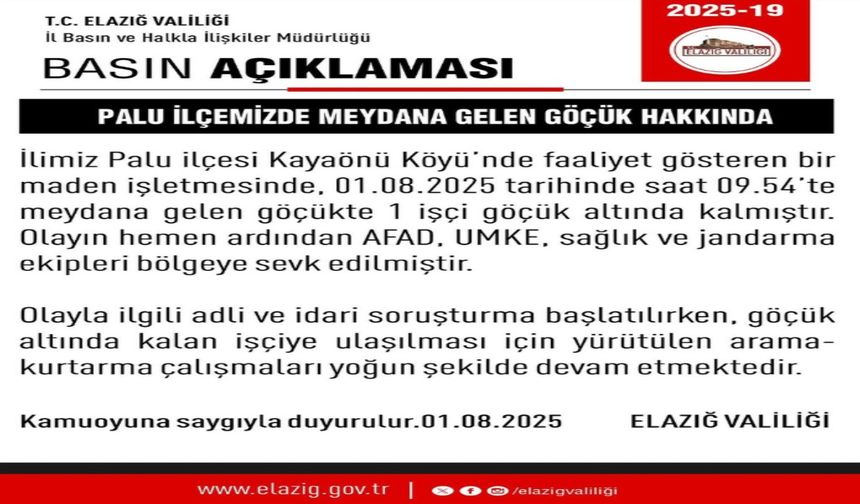 Elazığ Valisi Hatipoğlu’ndan Maden Ocağı Göçüğüyle İlgili Güncel Açıklama