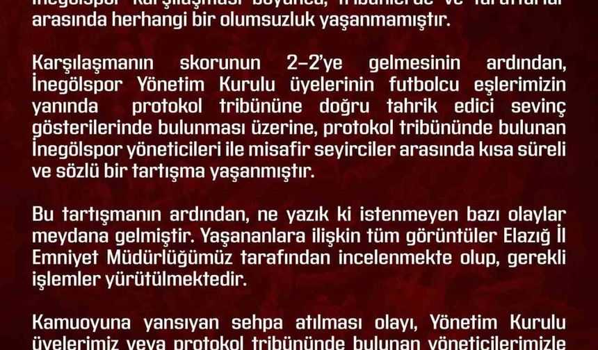 Elazığspor’dan Olaylara İlişkin Açıklama