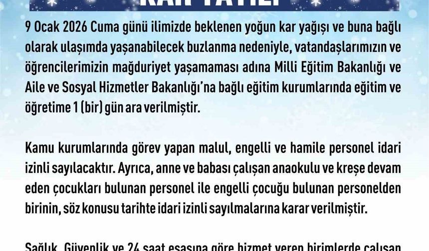 Elazığ'da Eğitime 1 Gün Ara Verildi