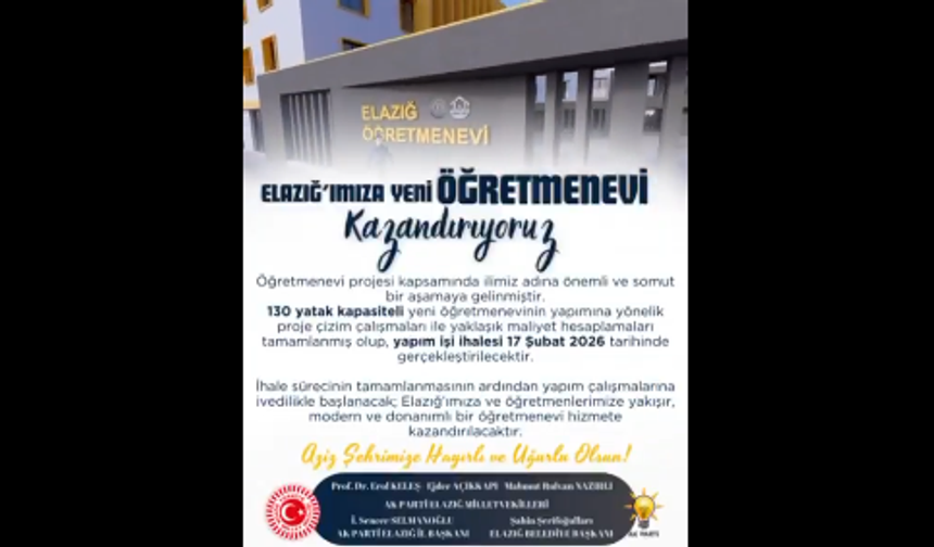 Elazığ’a Yeni Öğretmenevi Kazandırılıyor: İhale Süreci Başlıyor