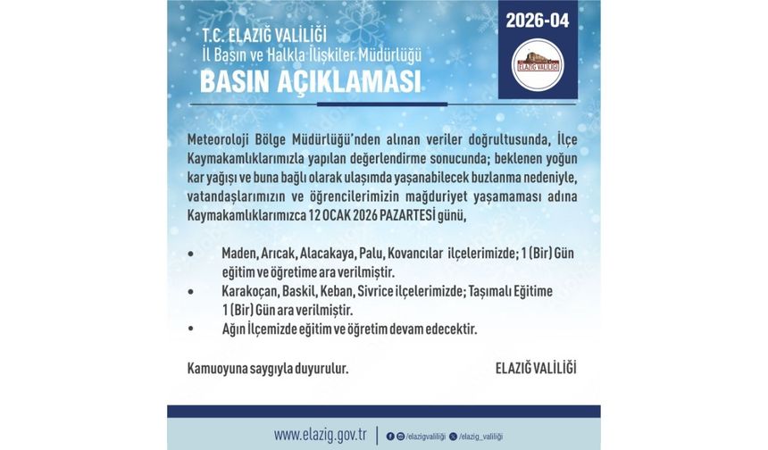 Elazığ'da 5 İlçede Eğitim-Öğretime Ara Verildi