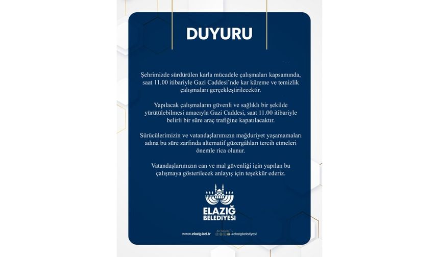 Gazi Caddesi’nde Kar Temizliği: Trafik Geçici Süreyle Durdurulacak