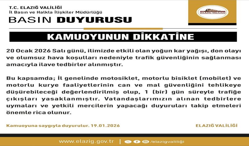 Elazığ'da Motosiklet, Mobilet Ve Motorlu Kuryelerin Trafik Yasakları Uzatıldı