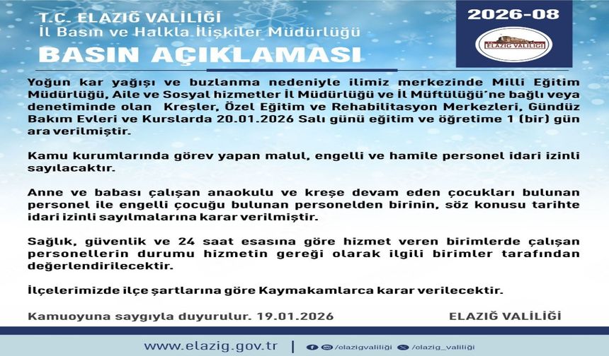 Elazığ'da Rehabilitasyon Ve Bakımevi Kurslarına 1 Gün Daha Kar Tatili