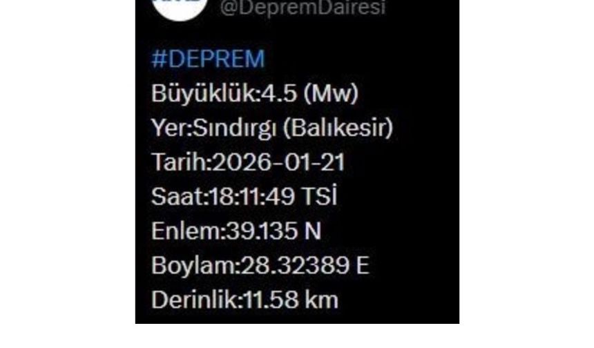 Balıkesir’de 4.5 büyüklüğünde deprem
