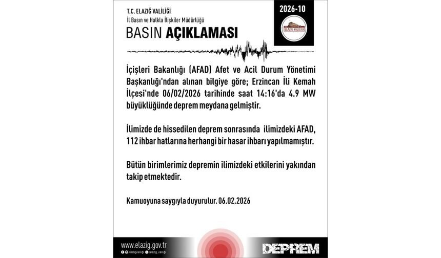Elazığ Valiliği'nden Deprem Açıklaması