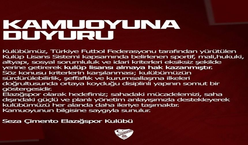 Elazığspor, kulüp lisansı almaya hak kazandı