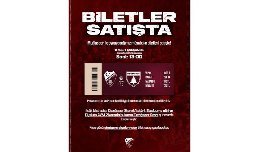 Elazığspor–Muğlaspor Maçının Biletleri Satışa Sunuldu