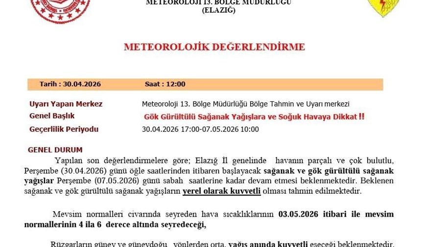 Elazığ İçin Kuvvetli Yağış Uyarısı