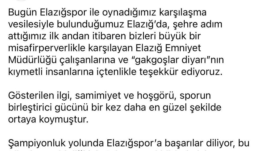 Kepezspor'dan Elazığ'a teşekkür ve övgü