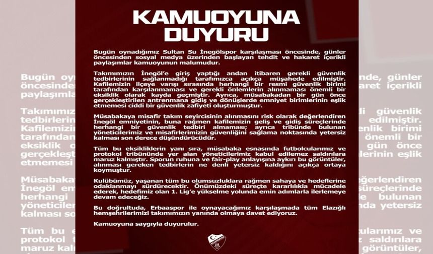 Elazığspor’dan Güvenlik Tepkisi: “Ciddi Zafiyetler Yaşandı”