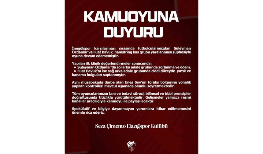 Elazığspor'dan Sakat Futbolculara İlişkin Açıklama