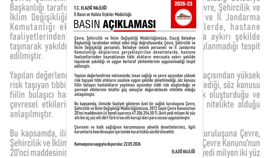 Elazığ'da Özel Bir Hastaneye 47 Milyon Lira Ceza Kesildi