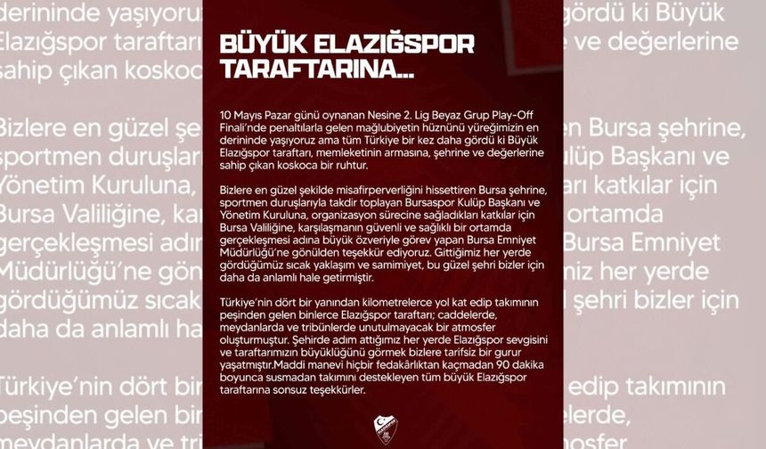 Elazığspor: 'Bu Büyük Camia Her Defasında Küllerinden Yeniden Doğmasını Bilmiştir'