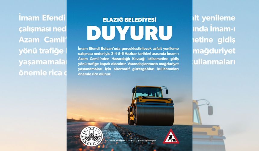 İmam Efendi Bulvarı’nda Asfalt Yenileme Çalışması Nedeniyle Trafik Düzenlemesi