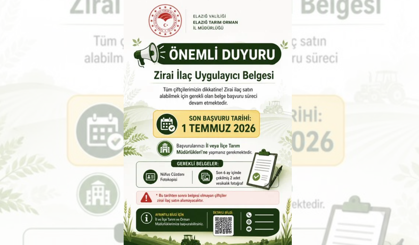 Zirai İlaç Uygulayıcı Belgesi Başvurularında Son Tarih 1 Temmuz 2026