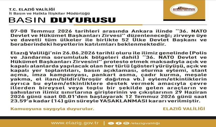 Elazığ Valiliği’nden 14 Günlük Yasak Kararı
