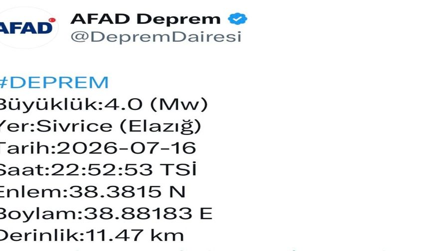 Elazığ'da 4.0 büyüklüğünde deprem