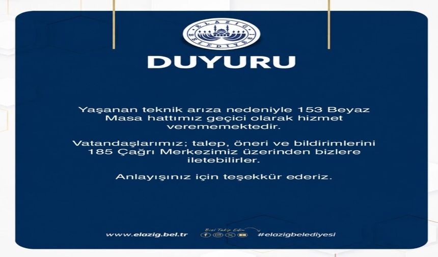 Elazığ Belediyesi’nden 153 Hattı İçin Duyuru
