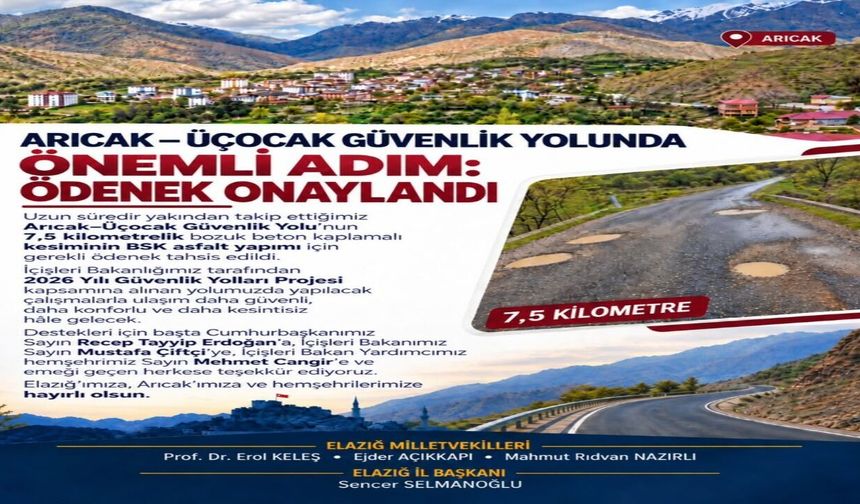 Arıcak–Üçocak Yolunda Asfalt İçin Ödenek Onaylandı