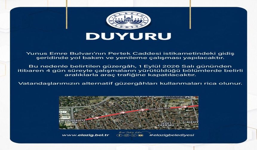 Yunus Emre Bulvarı’nda Yol Bakım Çalışması Başlıyor