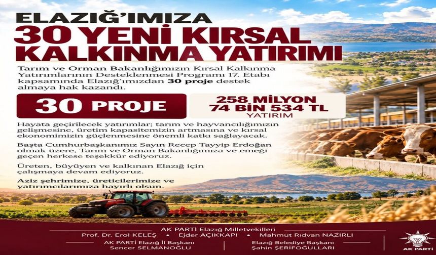 Elazığ’a 30 Projeye 258 Milyon Liralık Yatırım