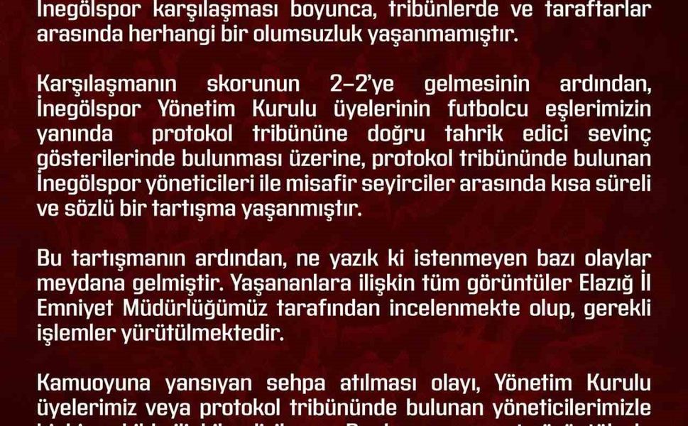 Elazığspor’dan Olaylara İlişkin Açıklama