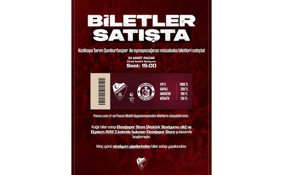 Elazığspor - Şanlıurfaspor Maç Biletleri Satışta