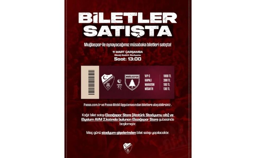 Elazığspor–Muğlaspor Maçının Biletleri Satışa Sunuldu