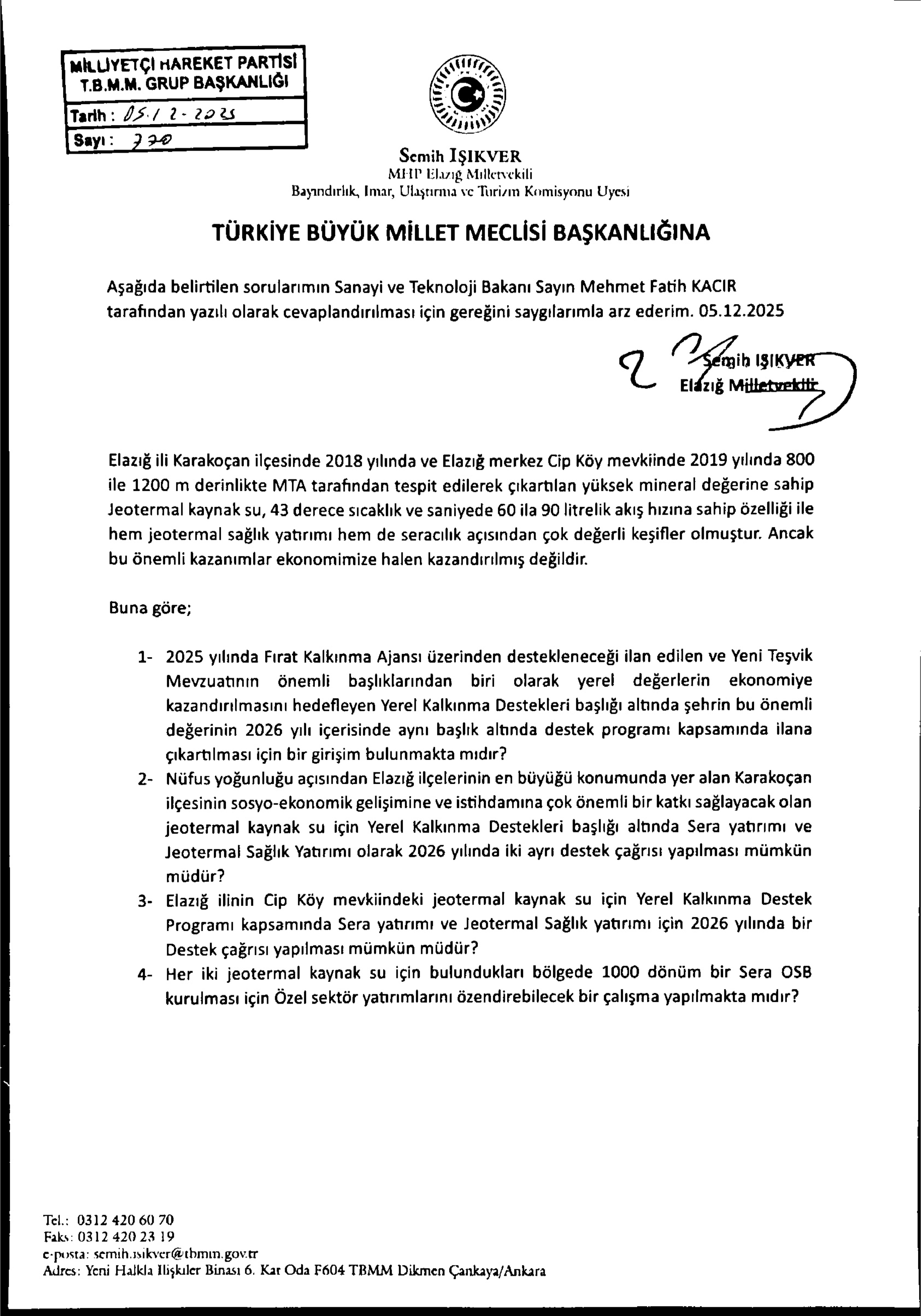 05.12.2025 Sanayi Bakanlığı Öner