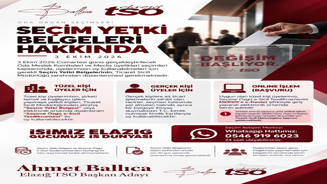 Elazığ TSO’dan Üyelere Seçim Yetki Belgesi Uyarısı